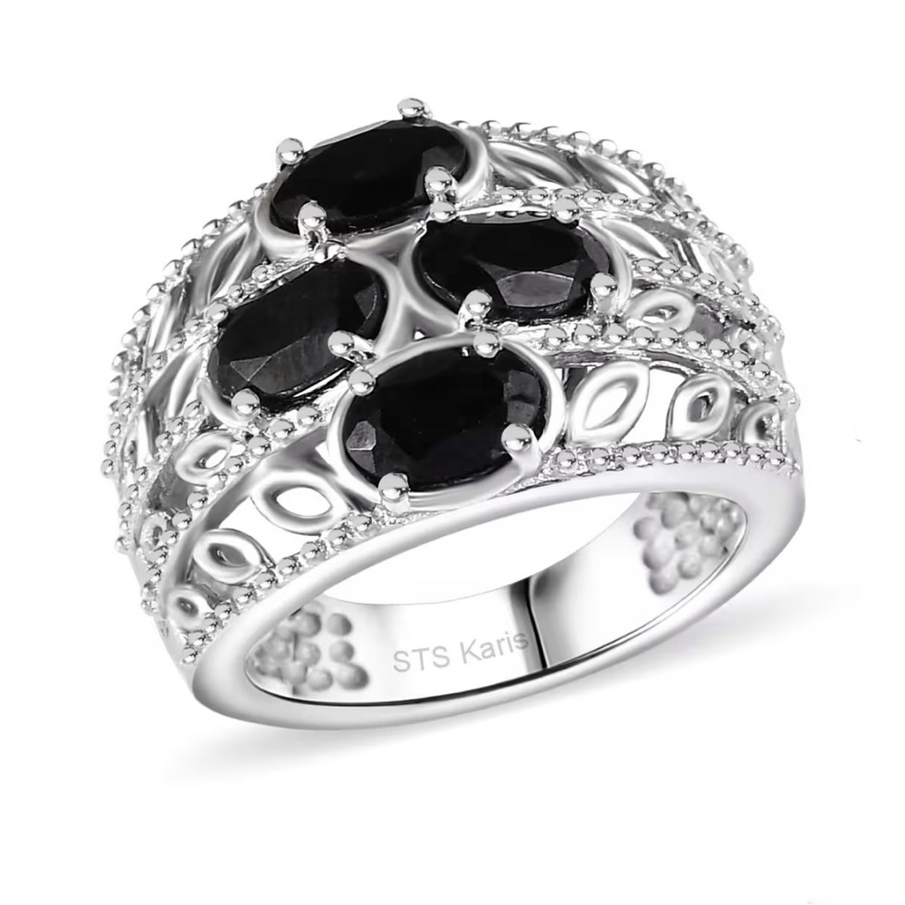 🗽New/Black Spinel Gemstone Ring in Platinum Plated Metal 2.35 ctw
